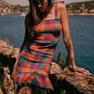 Sezane Robe Velvet Mini Dress Smocked Multicolored